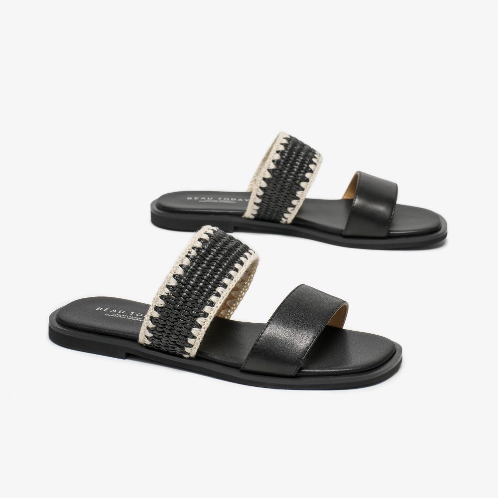 BeauToday Women's Leather Slip On Flat Sandals with Elastic Strap