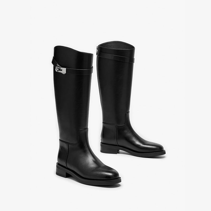 BeauToday Women's Cow Leather Knee High Boots with Side Buckle Design