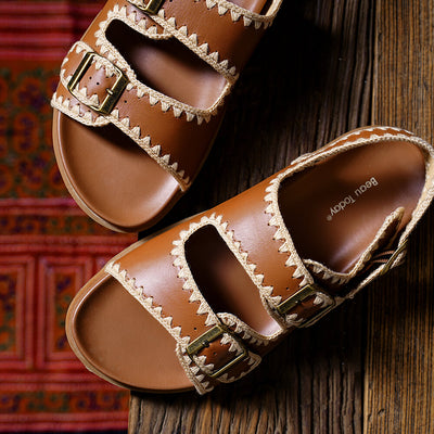 Beau Today Women's Handmade Leather Embroidered Crochet sandals