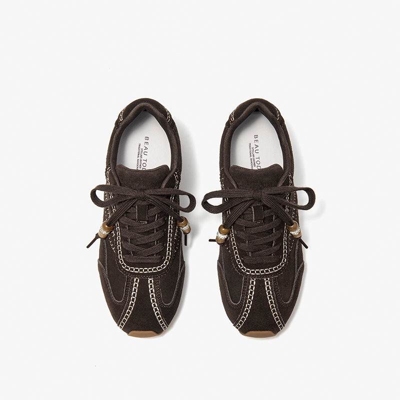 BeauToday Cow Suede Neutral Sneakers with Round Toe for Women