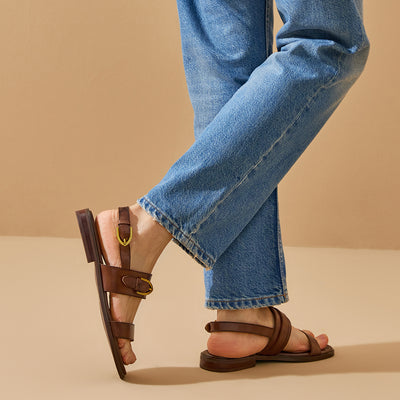 BeauToday Casual Buckle Leather Flat Sandals with Roud Design for Women