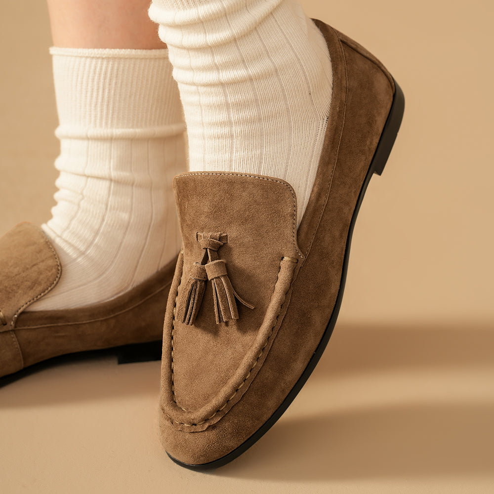 BeauToday Vintage Sheep Suede Slip On Flat Loafer with Tassel Design for Women