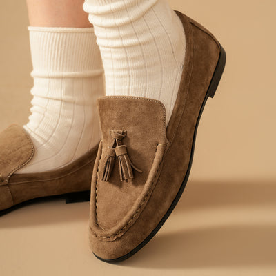 BeauToday Vintage Sheep Suede Slip On Flat Loafer with Tassel Design for Women