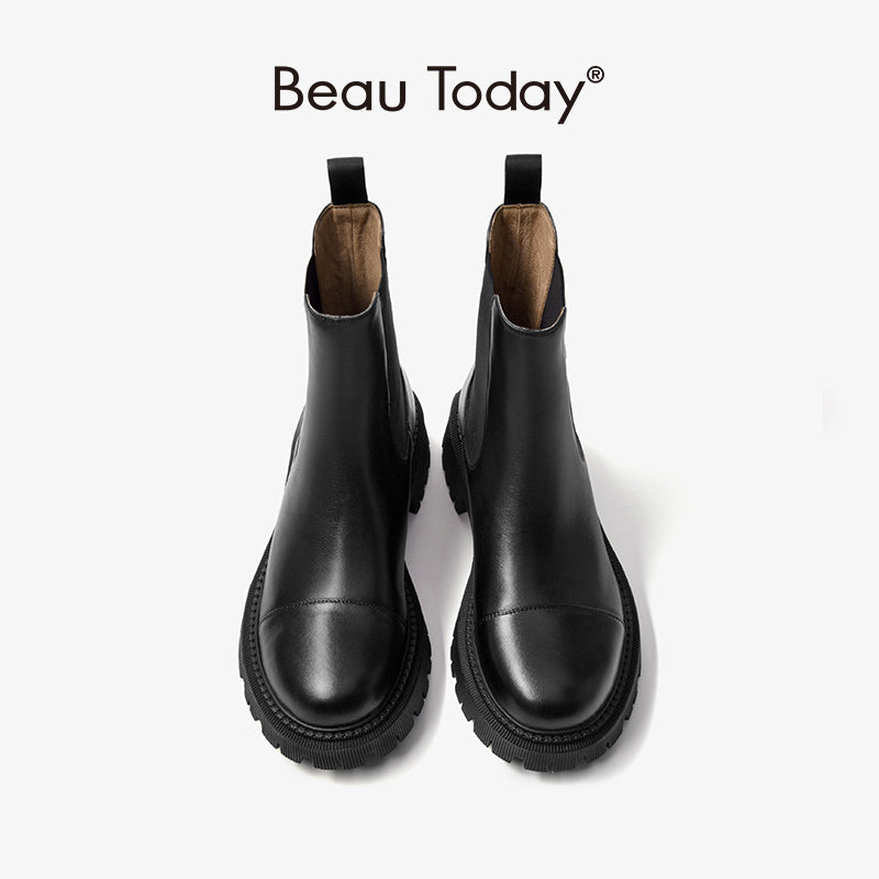 BEAU TODAY Women's Leather Lug Sole Ankle Chelsea Boots Round Toe Slip On Elastic Booties