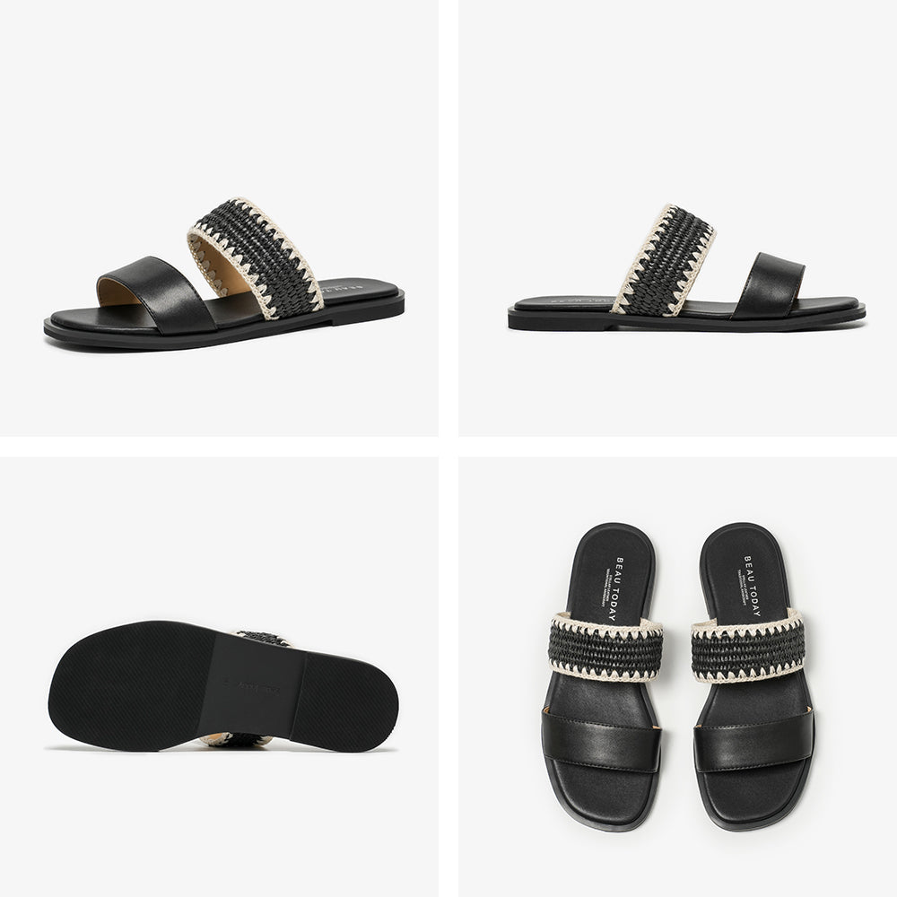 BeauToday Women's Leather Slip On Flat Sandals with Elastic Strap