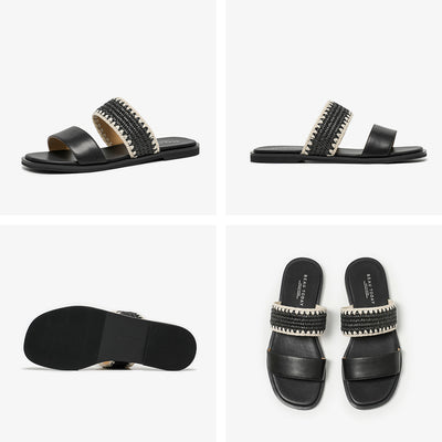 BeauToday Women's Leather Slip On Flat Sandals with Elastic Strap