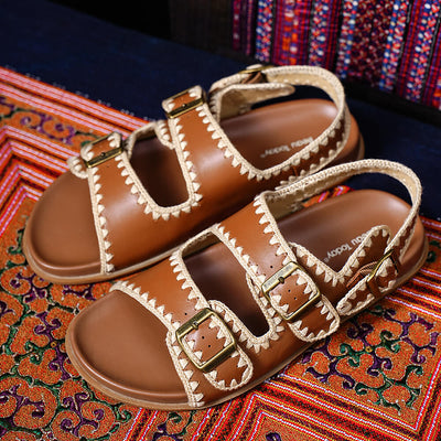 Beau Today Women's Handmade Leather Embroidered Crochet sandals