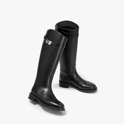 BeauToday Women's Cow Leather Knee High Boots with Side Buckle Design