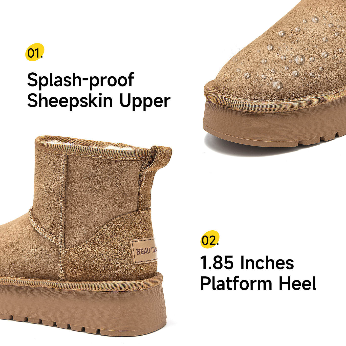 BeauToday Waterproof Platform Mini Boots with Premuim Wool Fur Lined for Women