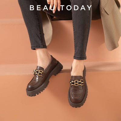 BEAU TODAY Metal Hardware Platform Loafers for Women