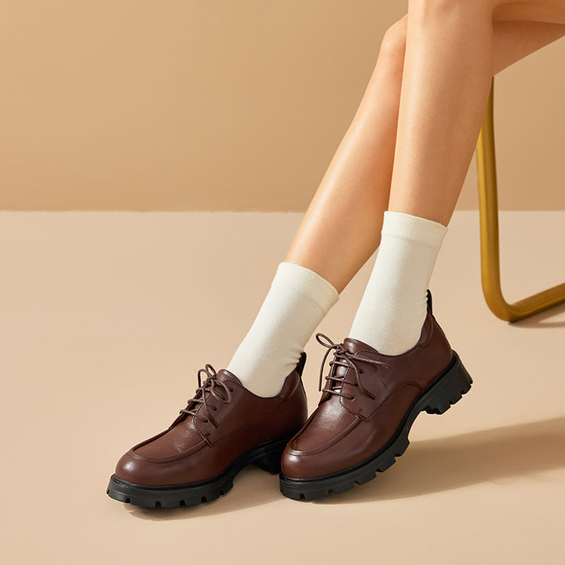 BEAU TODAY Leather Platform Oxford Shoes with Lug Sole for Women