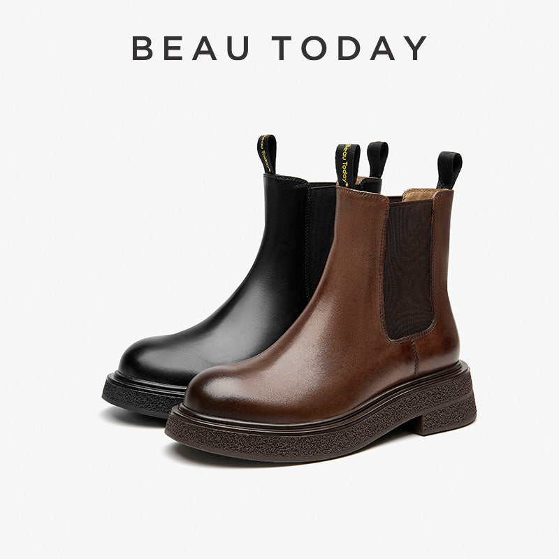 BeauToday Cow Leather Round Toe Chelsea Boots Ankle Bootie For Women