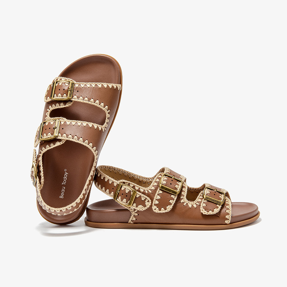 Beau Today Women's Handmade Leather Embroidered Crochet sandals