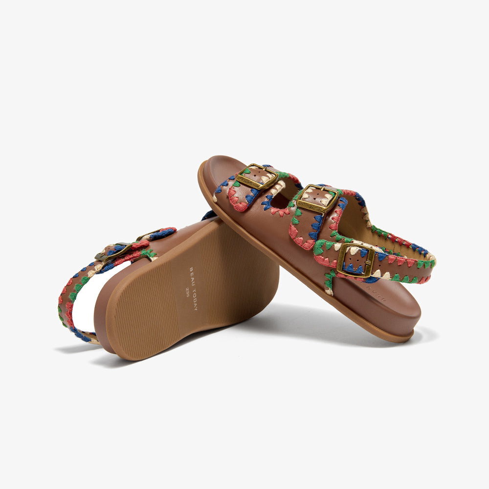 Beau Today Women's Leather Sandals with Handmade Embroidered Crochet sandals