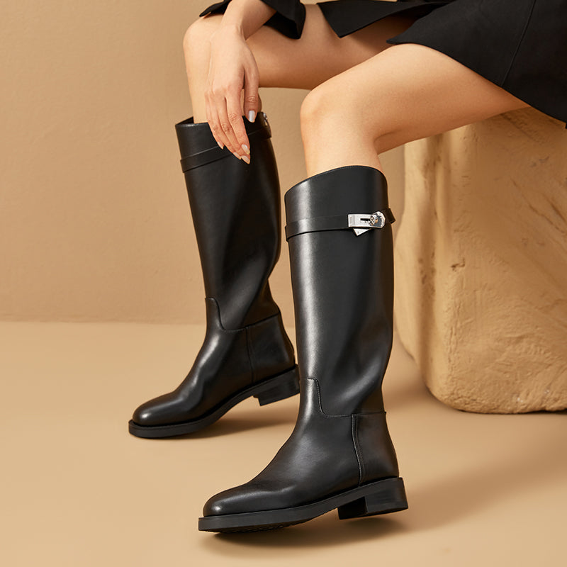 BeauToday Women's Cow Leather Knee High Boots with Side Buckle Design