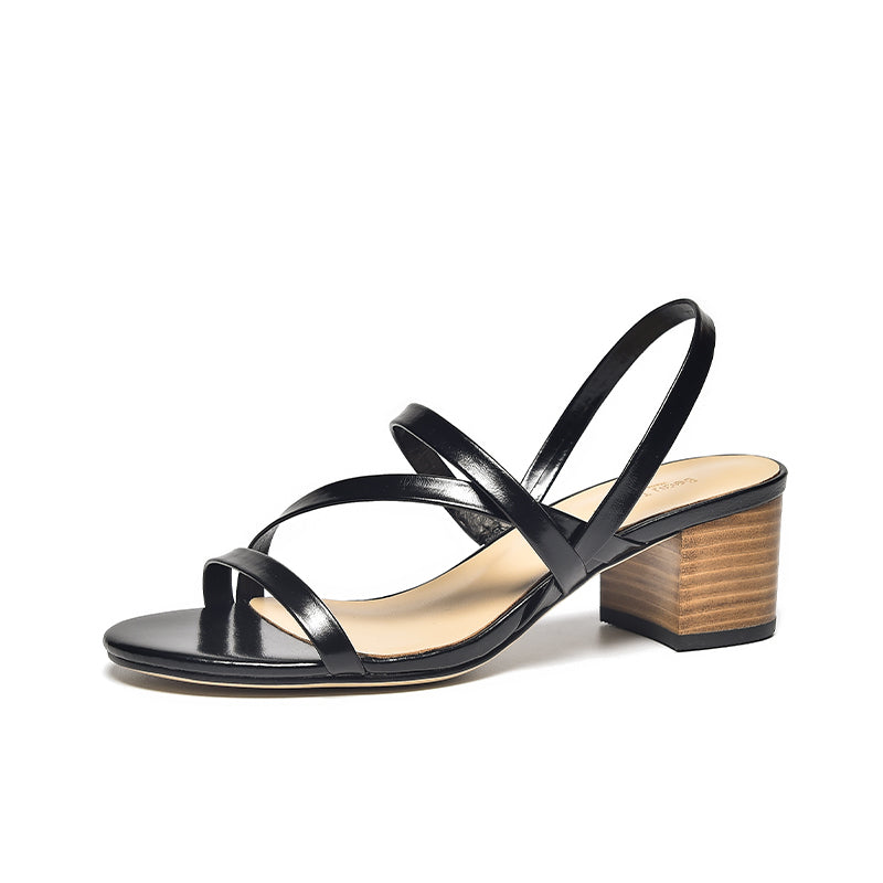 BeauToday Comfy Black Leather Block Heeled Strappy Sandals for Women