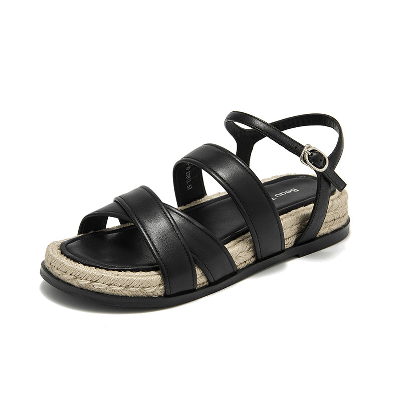 BeauToday Casual Leather Espadrille Strappy Sandals for Womens