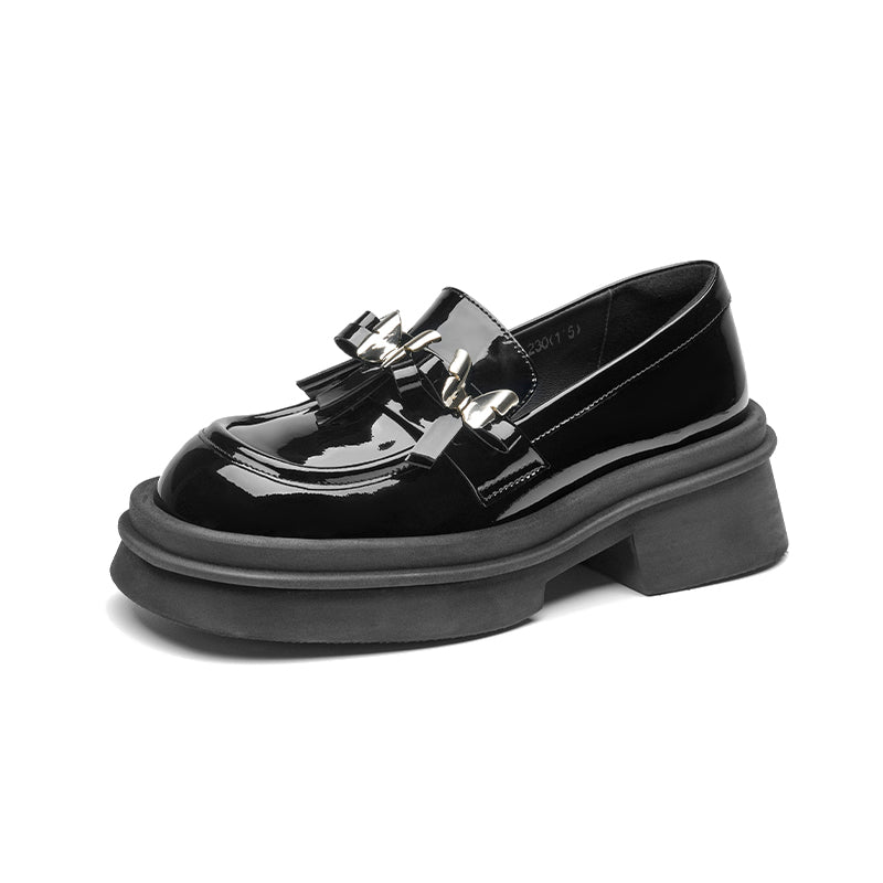 BeauToday Patent Leather Platform Loafers with Metal Butterfly-knot Decoration for Women