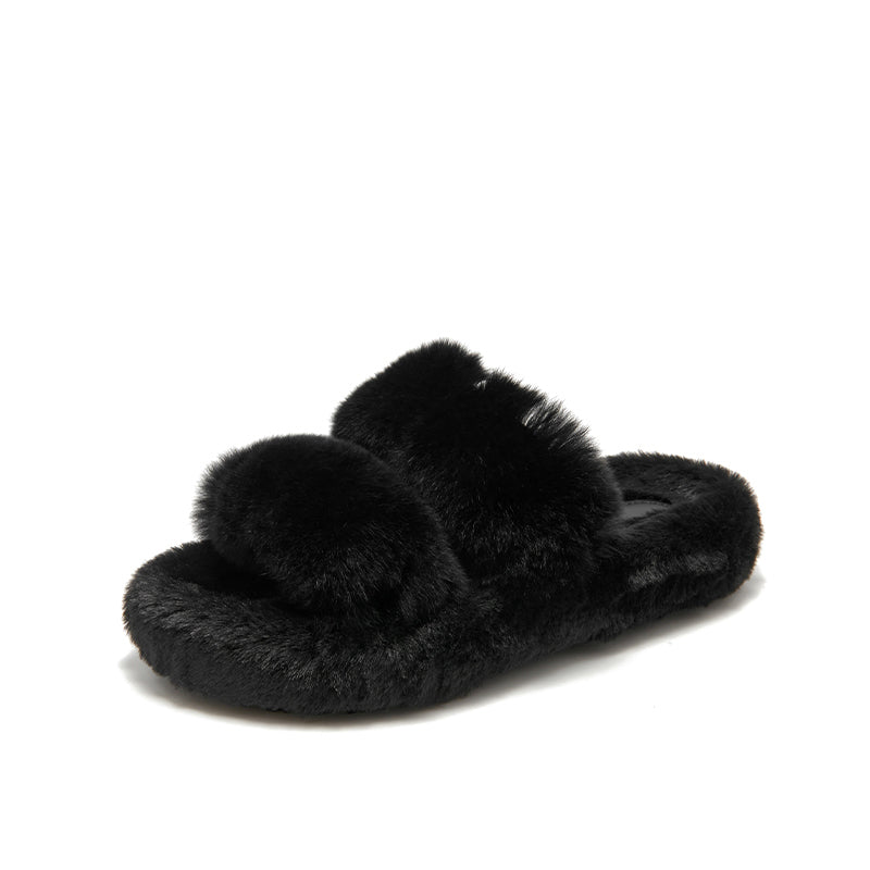 BeauToday Pure Color Soft Rabbit Fur Platform Slouchy Slippers for Women  at Home or Outing