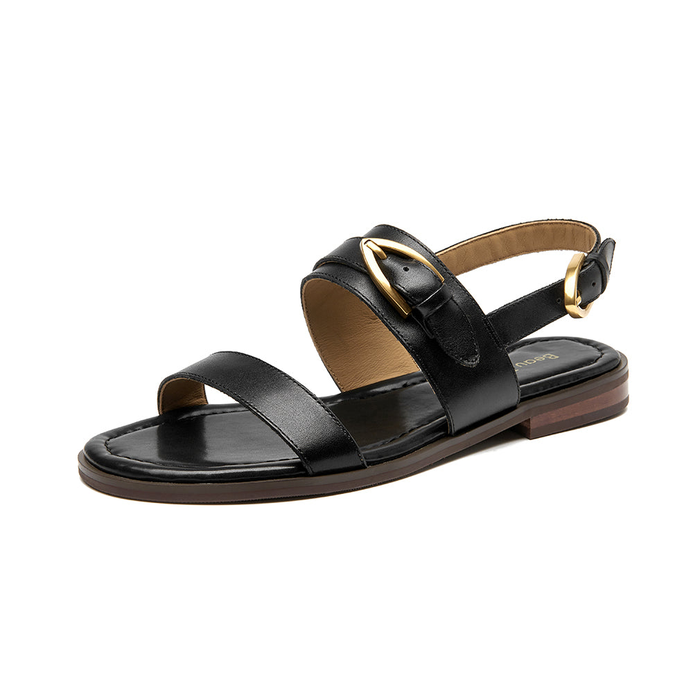 BeauToday Casual Buckle Leather Flat Sandals with Roud Design for Women