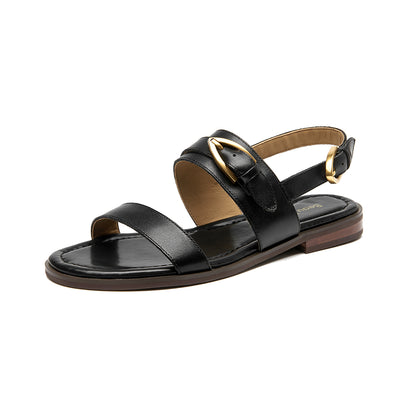 BeauToday Casual Buckle Leather Flat Sandals with Roud Design for Women