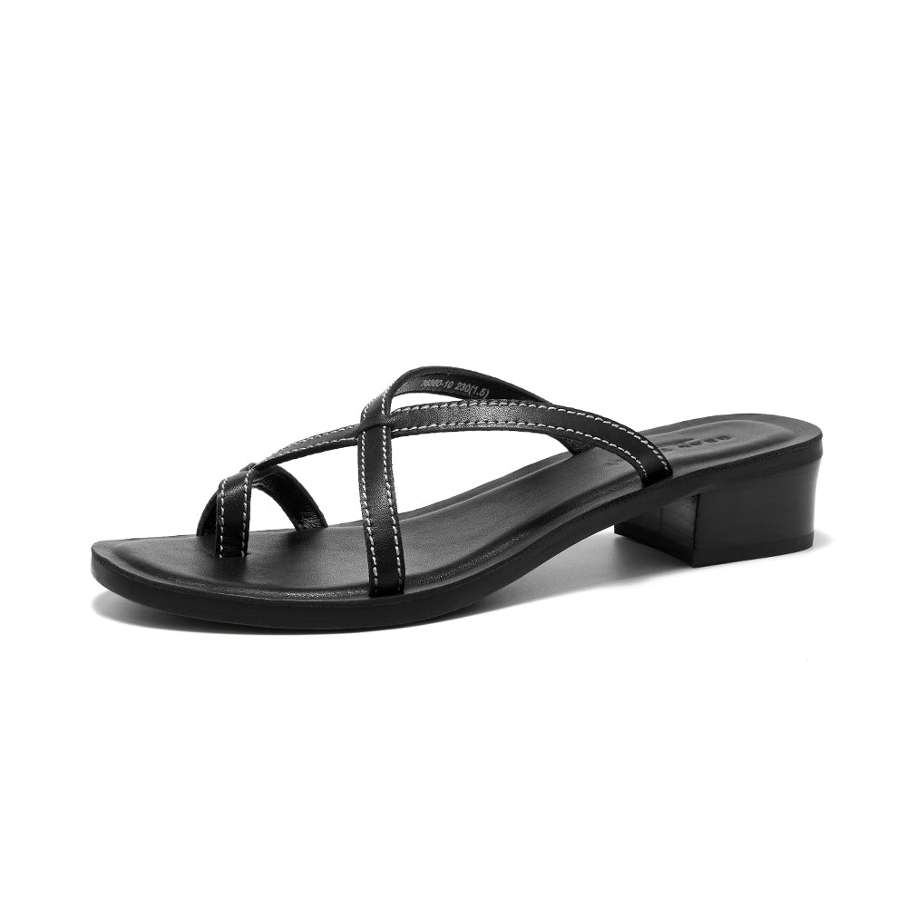 BeauToday Cow Leather Flip-flops Slides with Block Low Heel for Women