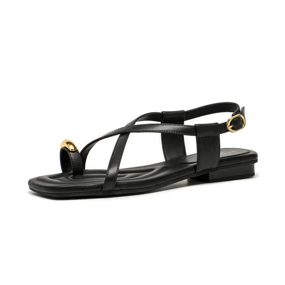 BeauToday Metallic Toe Strap Leather Sandals with Designed Square Toe for Women
