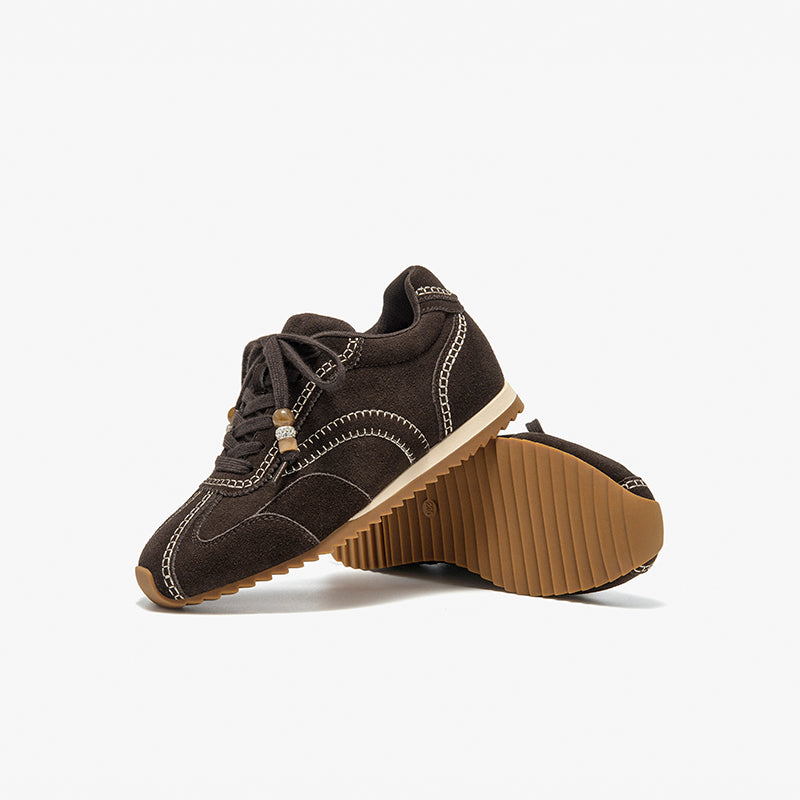 BeauToday Cow Suede Neutral Sneakers with Round Toe for Women