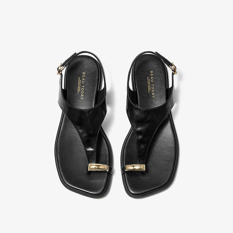 BeauToday Women's Genuine Leather Flat Sandals with Clip Metallic Toe Ring
