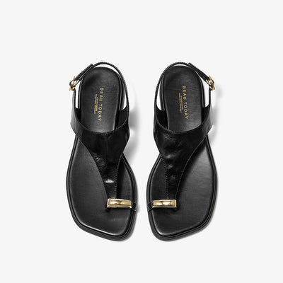 BeauToday Women's Genuine Leather Flat Sandals with Clip Metallic Toe Ring