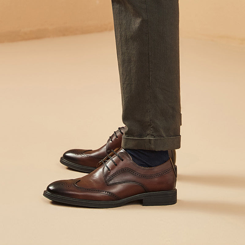 BeauToday Men's Elegant Cow Leather Wingtip Brogue Shoes