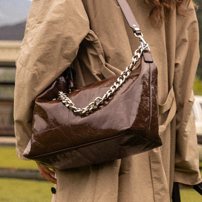 BeauToday Cow Leather Brown Large Capacity Shoulder Bag for Women with Stylish Hardware Chain