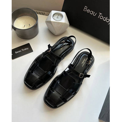 Beau Today Genuine Leather Flat Gladiator Sandals with Closed Toe for Women