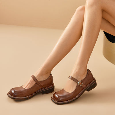 BeauToday Leather Square Toe Ballet Mary Jane Shoes for Women