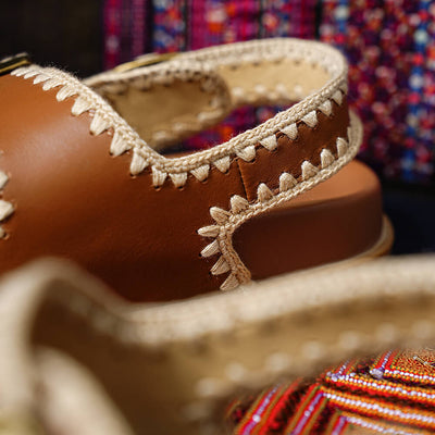 Beau Today Women's Handmade Leather Embroidered Crochet sandals