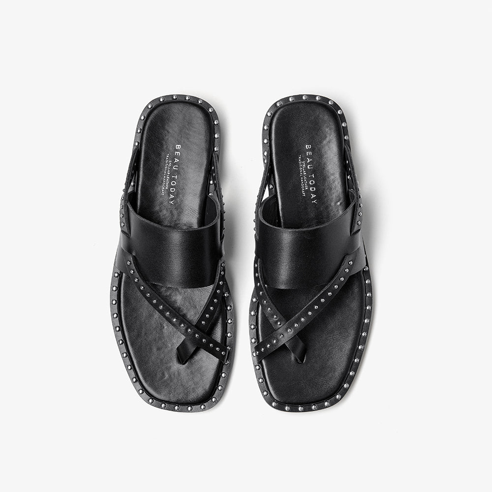 BeauToday Women's Leather Flip Flop Sandals Casual Flat Toe Post Slides for Vacation