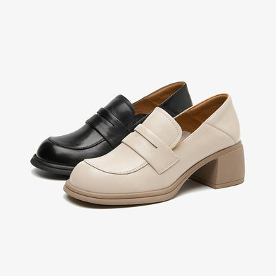 BeauToday Classic Leather Block Heeled Penny Loafers for Women