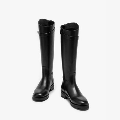 BeauToday Women's Cow Leather Knee High Boots with Side Buckle Design