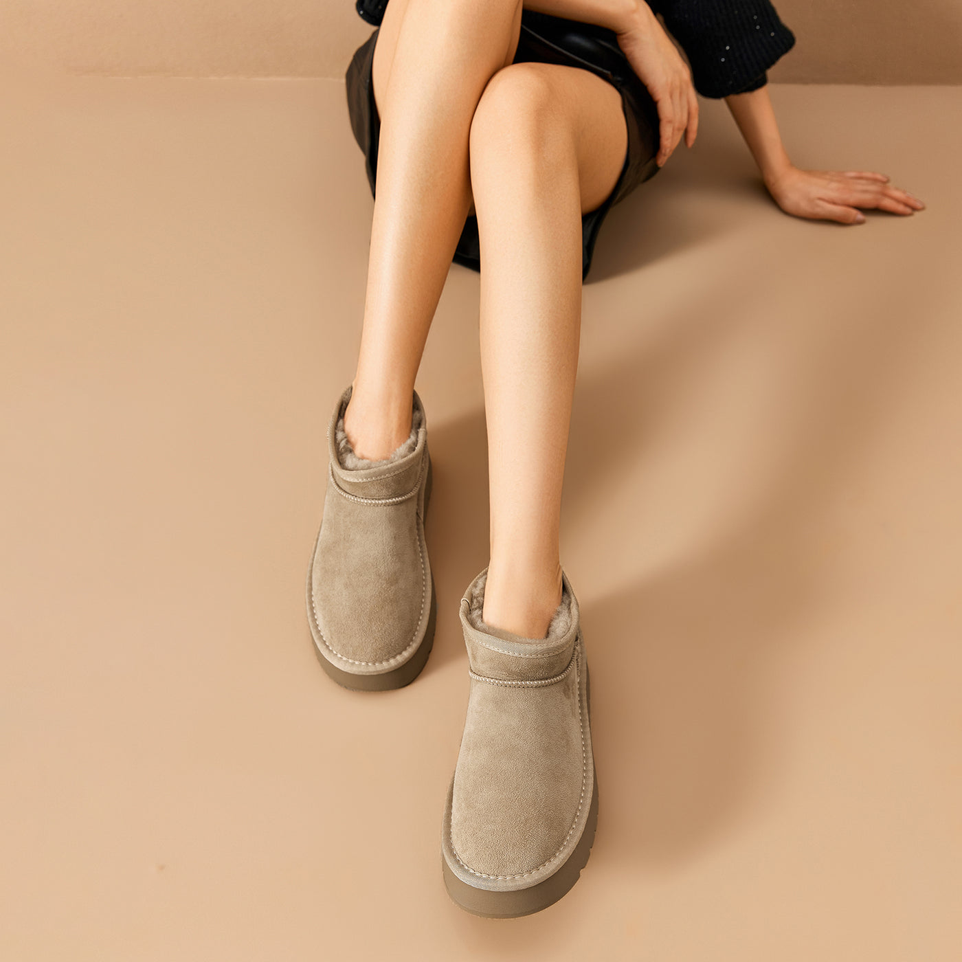 BEAU TODAY Womens Platform  Mini Boots Pull-on Snow Boots with Genuine Sheepskin Mini Boots for Winter