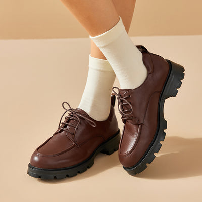 BEAU TODAY Leather Platform Oxford Shoes with Lug Sole for Women