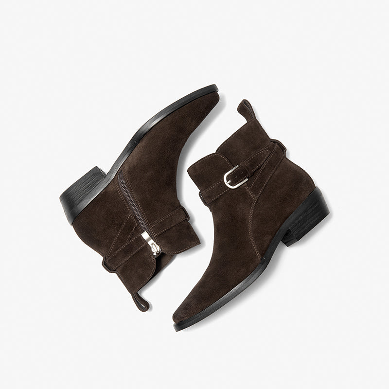 BeauToday Suede Chelsea Boots with Buckle Decor Pointed Toe Ankle Boots for Women