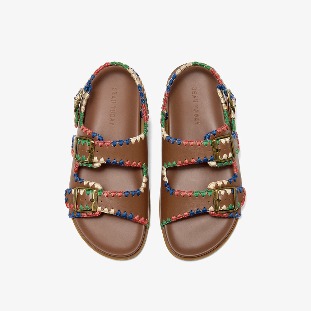 Beau Today Women's Leather Sandals with Handmade Embroidered Crochet sandals