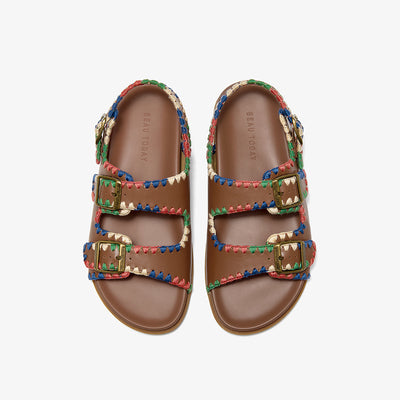 Beau Today Women's Leather Sandals with Handmade Embroidered Crochet sandals