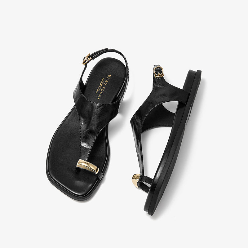 BeauToday Women's Genuine Leather Flat Sandals with Clip Metallic Toe Ring