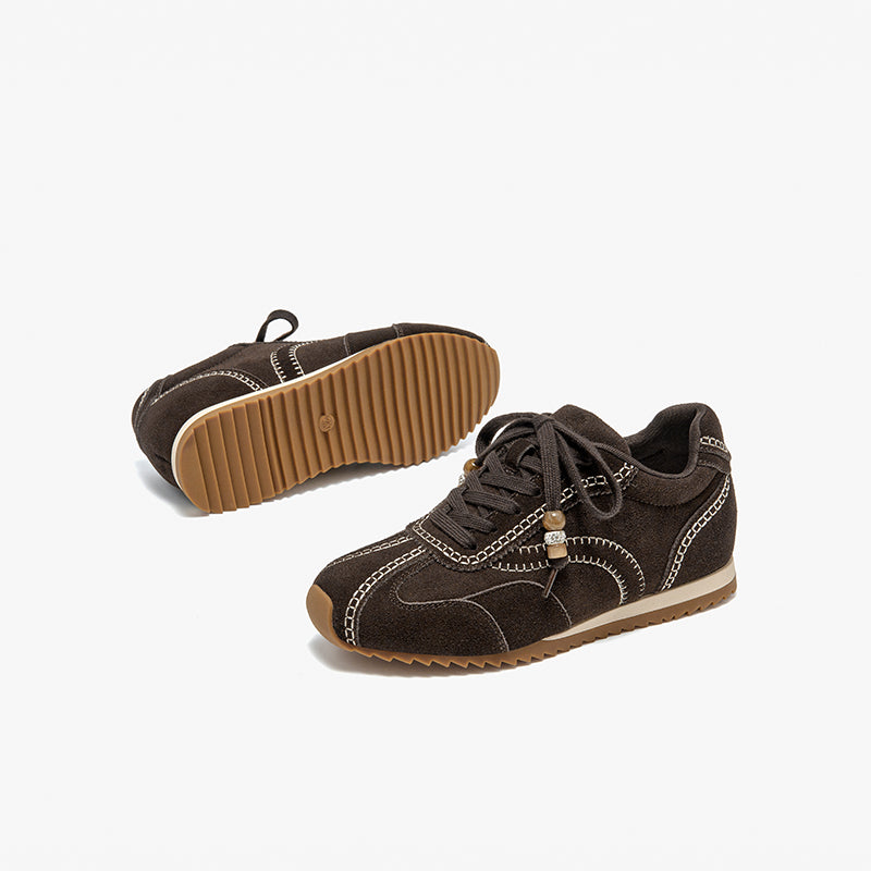 BeauToday Cow Suede Neutral Sneakers with Round Toe for Women