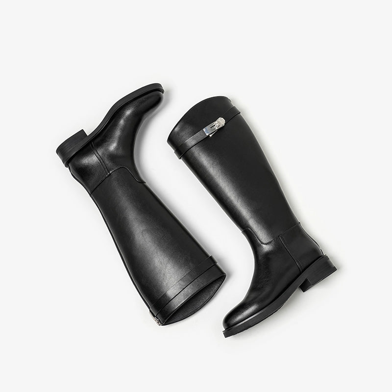 BeauToday Women's Cow Leather Knee High Boots with Side Buckle Design