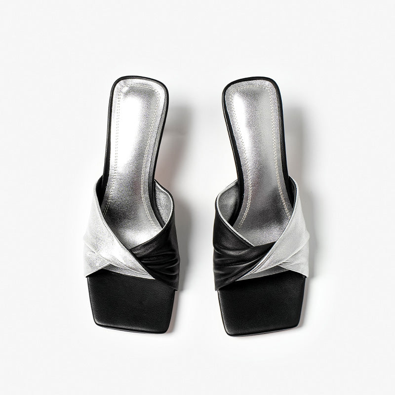 BeauToday Genuine Sheepskin Elegant Heeled Slides Square Toe Pump Sandals for Women