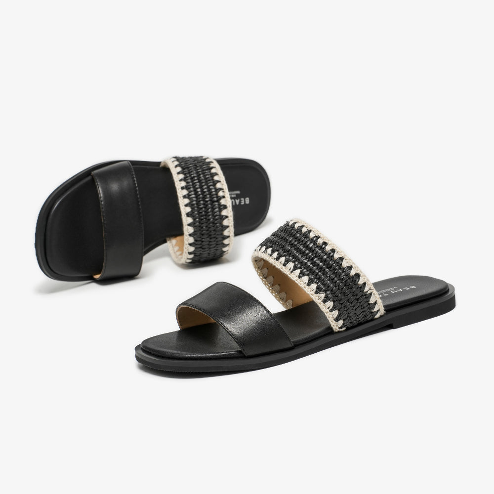 BeauToday Women's Leather Slip On Flat Sandals with Elastic Strap