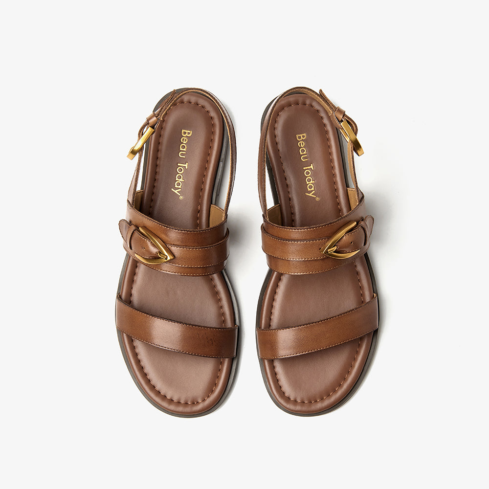 BeauToday Casual Buckle Leather Flat Sandals with Roud Design for Women