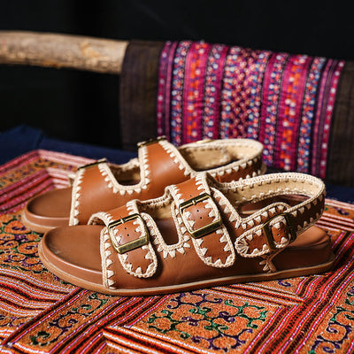 Beau Today Women's Handmade Leather Embroidered Crochet sandals